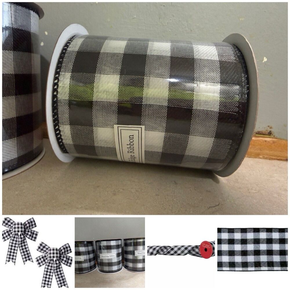 Jumbo 3 Black & White Buffalo Plaid Gingham Wired Ribbon Spool 90 Feet X 4